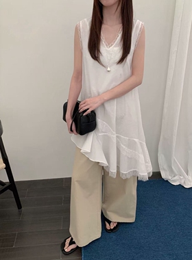 IU ROOM 韩系温柔系蕾丝花边中长款背心连衣裙不规则叠穿上衣5529