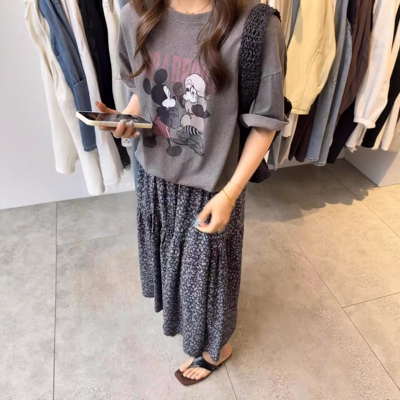 IU ROOM 韩系复古米奇卡通印花休闲夏季短袖T恤圆领宽松百搭3917