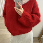 韩系氛围感圣诞红纯色兔绒毛衣圆领蝙蝠袖 ROOM 宽松上衣3859
