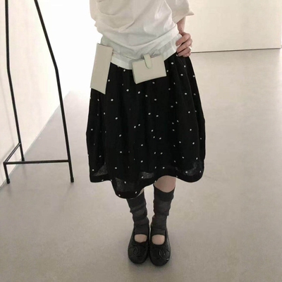 IU ROOM 韩系棉麻松紧腰波点百搭半身裙高腰显瘦夏季复古伞裙5619