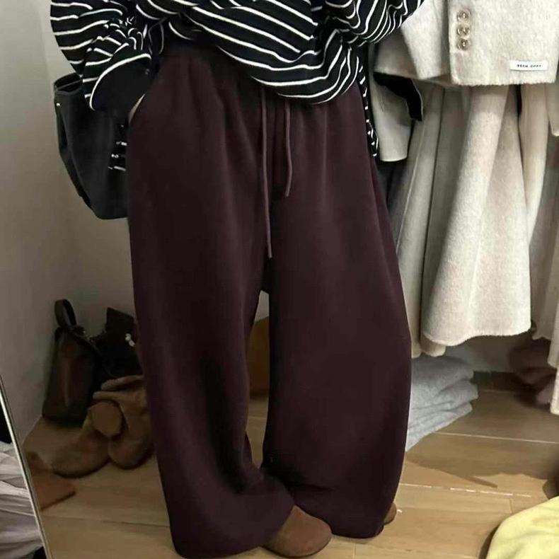 IU ROOM2 新款韩版松紧腰加绒加厚软糯阔腿裤女百搭休闲长裤2909