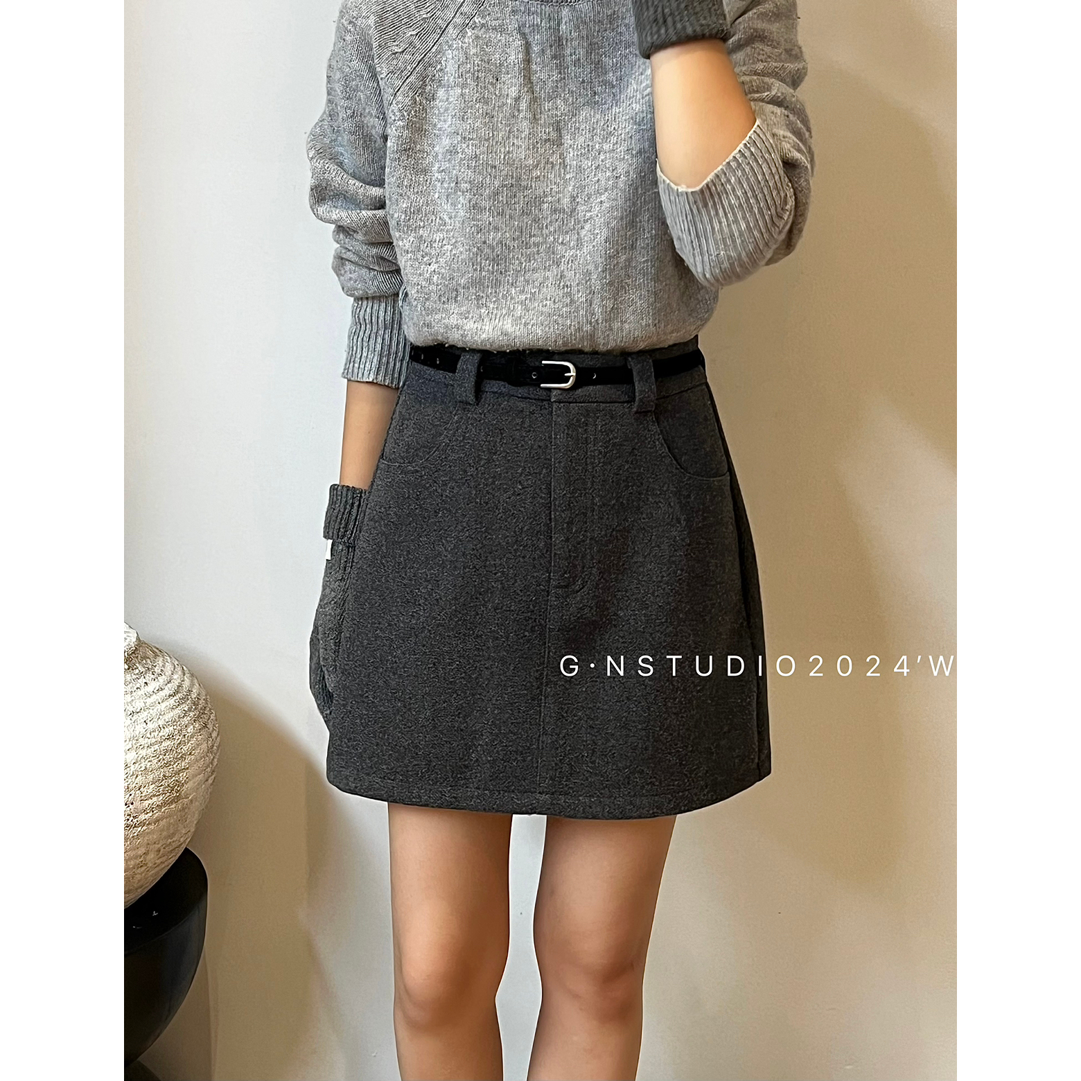 GN正品羊绒毛呢短裙2024秋冬加厚通勤百搭显瘦高腰a字裙送腰带女