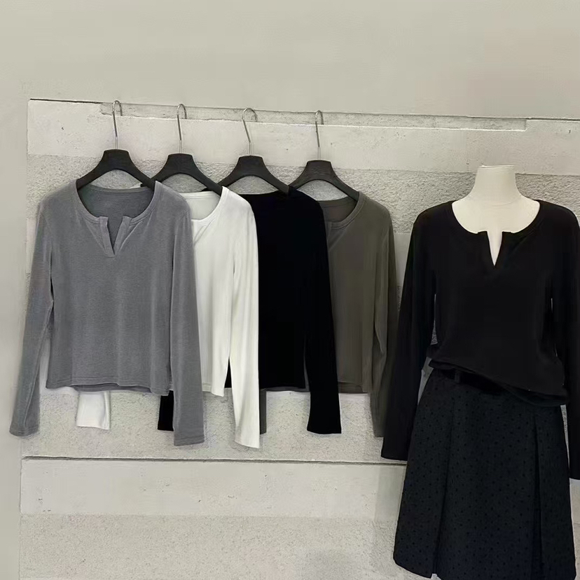 IU ROOM 韩系简约半开领长袖T恤显瘦修身加厚弹力打底衫女3753