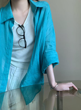 IU ROOM 韩系亚麻衬衫慵懒松弛感度假风多巴胺薄款防晒衬衣5065