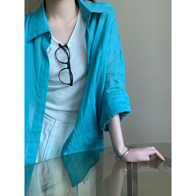 IU ROOM 韩系亚麻衬衫慵懒松弛感度假风多巴胺薄款防晒衬衣5065