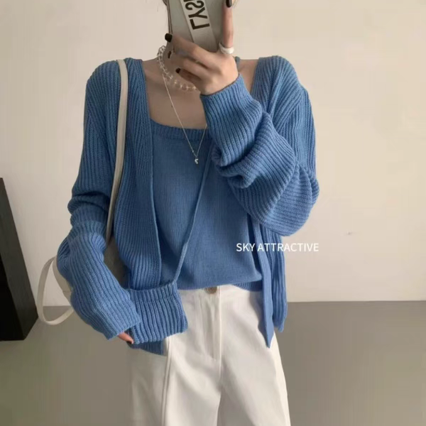 SKY韩系休闲时尚针织开衫+舒适吊带背心套装(配斜跨包)三件套 966