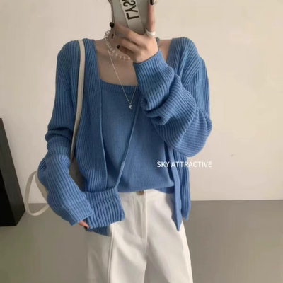 SKY韩系休闲时尚针织开衫+舒适吊带背心套装(配斜跨包)三件套 966