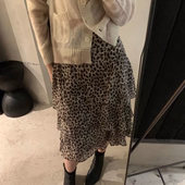 韩系复古豹纹格子层次花瓣半身裙女2026不规则中裙5530 ROOM