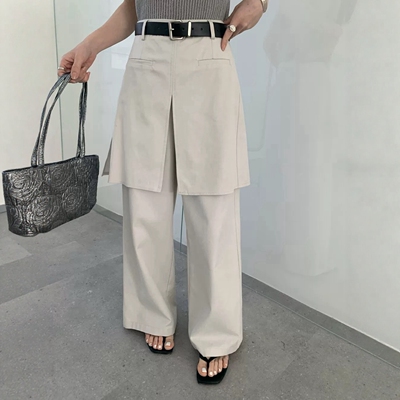 IU ROOM 韩系设计感屁帘直筒裤假两件百搭纯色休闲显瘦阔腿裤5552