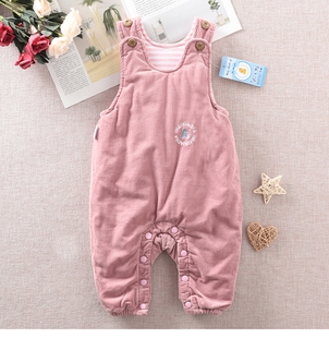 美小鸭婴儿薄棉裤男童女宝宝背带裤6-8-9个月周岁灯芯绒按扣开档