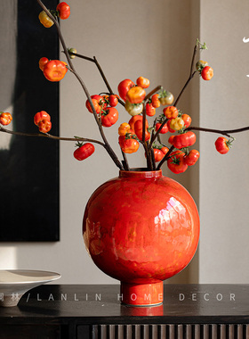 景德镇镧林红色陶瓷花瓶新年禅意复古花器客厅玄关干枝水培罐火赫