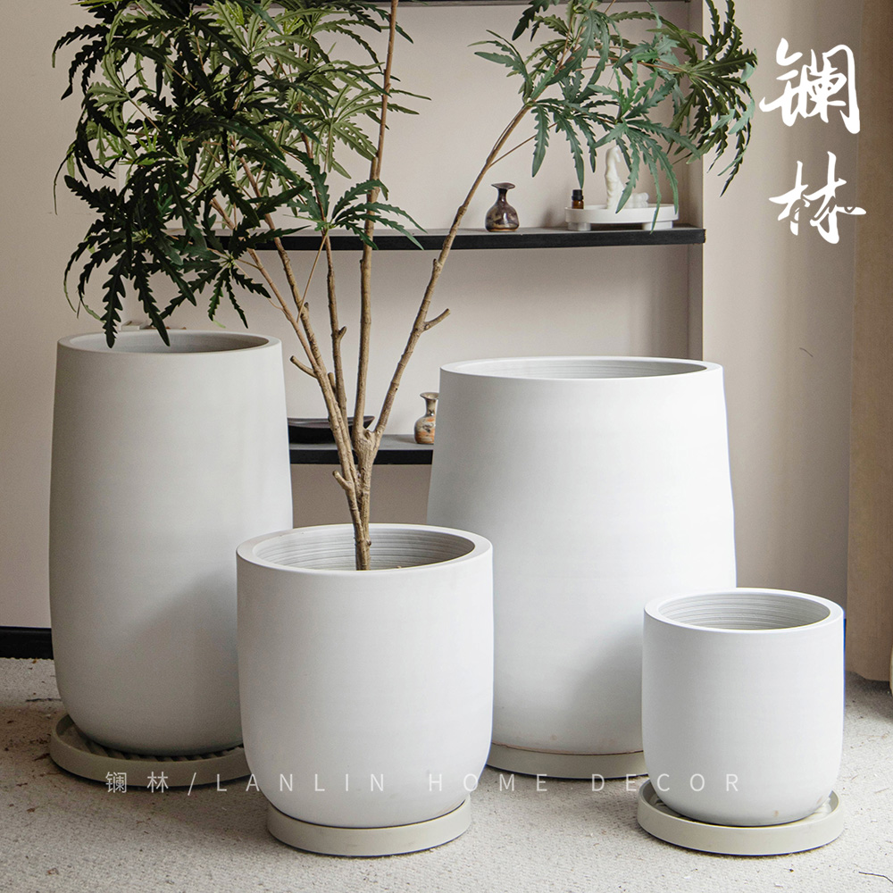景德镇现代简约白色落地陶瓷花盆大口径高盆客厅庭院家居盆栽摆件