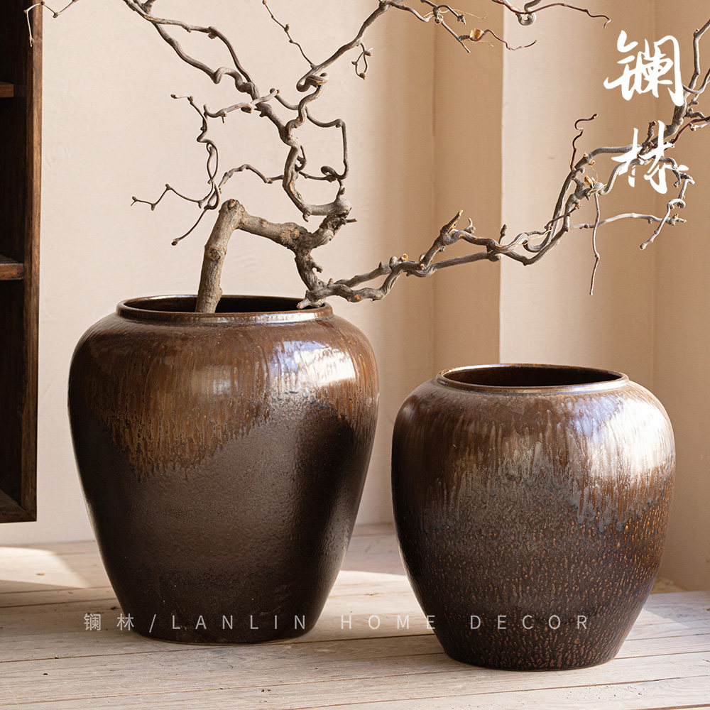 景德镇镧林落地陶瓷大花瓶新中式复古粗陶罐客厅酒店装饰鎏金大缸