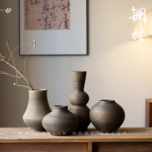 景德镇镧林粗陶花瓶新中式轻奢风陶瓷陶罐家居复古黑色花器长吉瓶