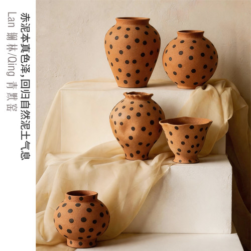 侘寂风复古波点粗陶花瓶手工制作