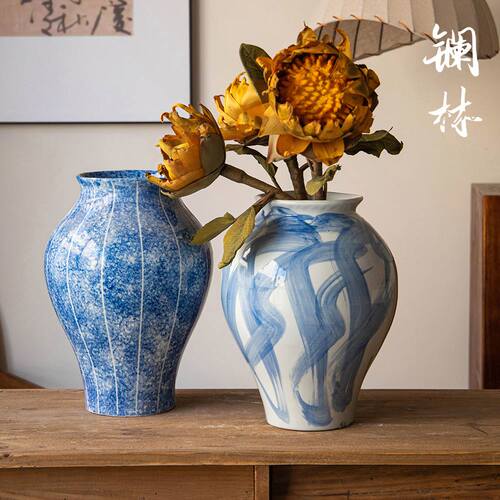 新中式手绘青花花瓶客厅玄关插花装饰品摆件彷古禅茶空间陶瓷花瓶
