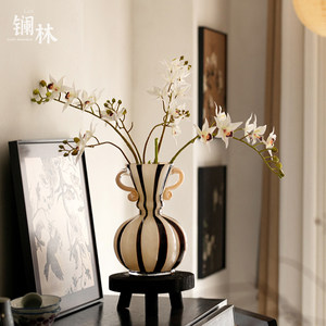 镧林北欧复古高颜值桌面小花器黑色条纹中古手工双耳玻璃花器暮璃
