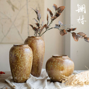 粗陶中古侘寂风装 复古粗陶罐花瓶陶瓷高级感客厅插花摆件新中式 饰