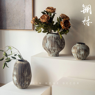 大肚花瓶民宿陶瓷摆件 景德镇侘寂风复古禅意粗陶罐手绘条纹新中式
