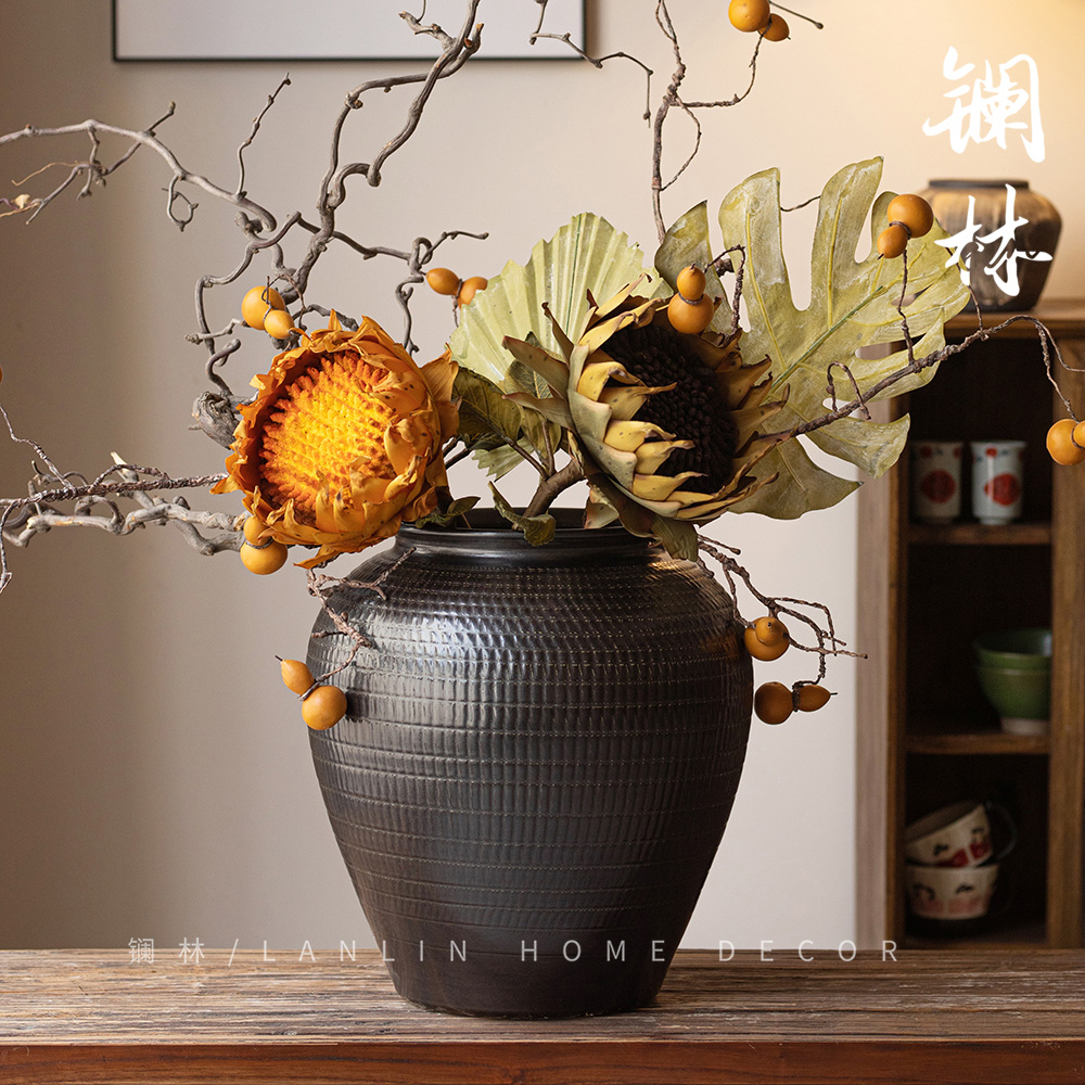新中式落地陶瓷花瓶纯手工雕刻陶罐坛子侘寂风庭院黑骑士粗陶摆件