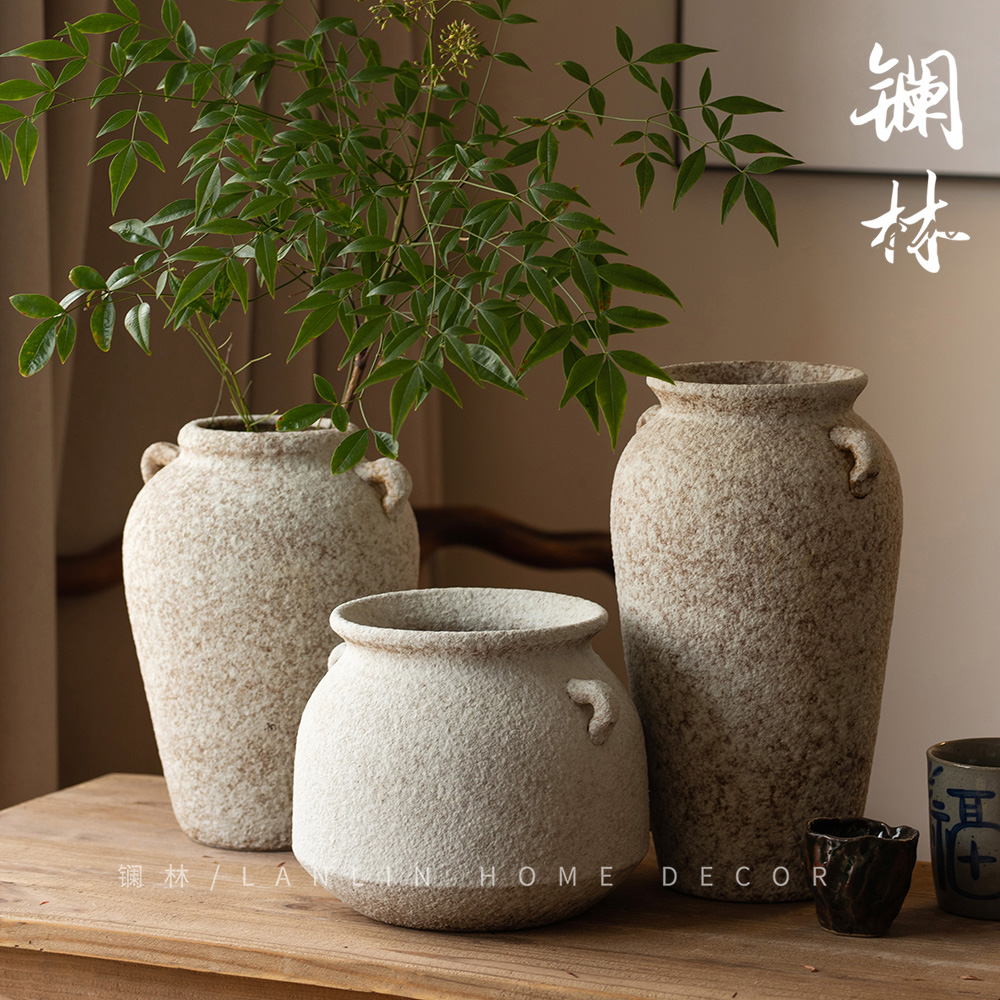景德镇复古侘寂陶罐花瓶粗陶花器多肉绿植种植盆名宿酒店装饰青雾
