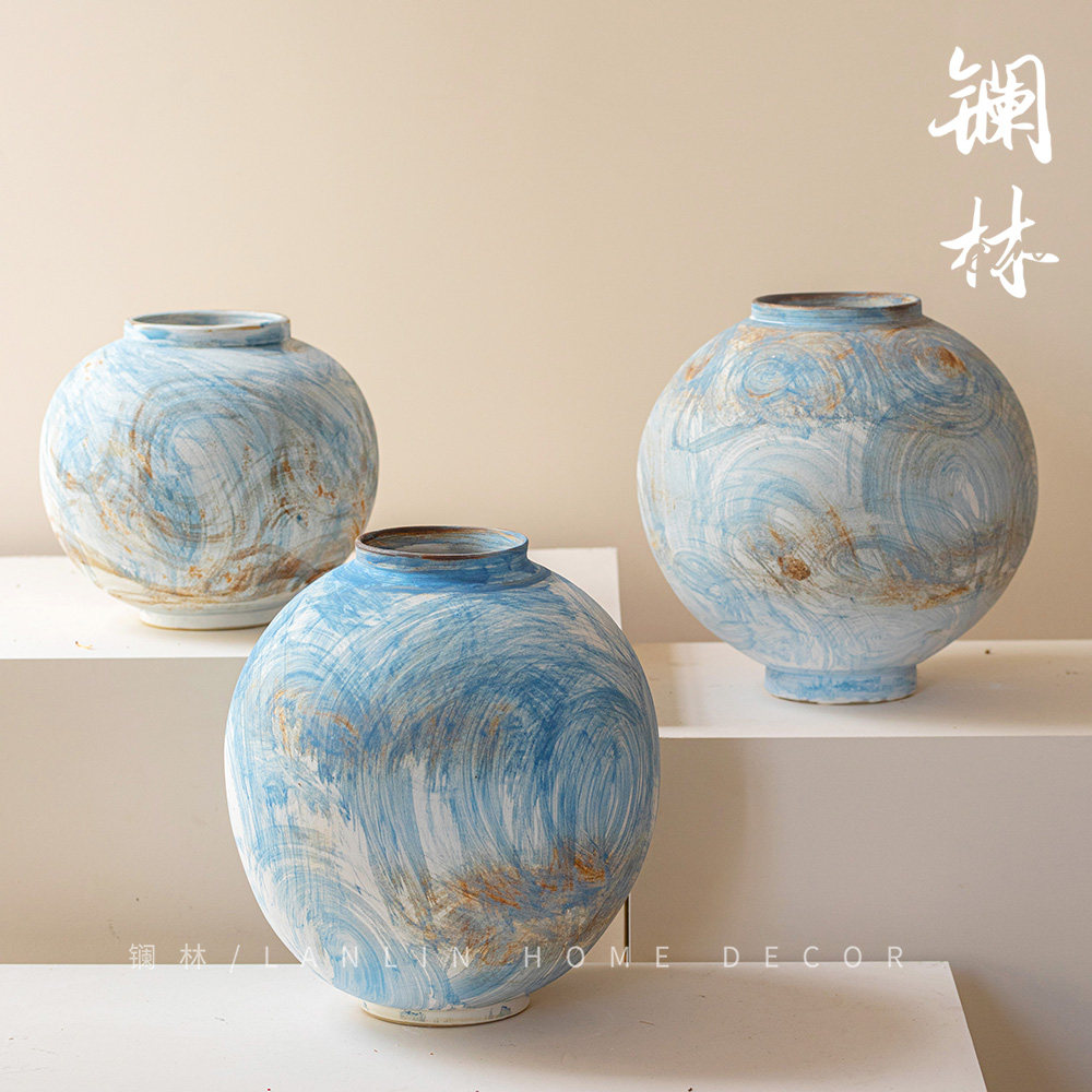 景德镇现代简约陶瓷花瓶新中式侘寂禅意插花水培装饰摆件蓝色星球