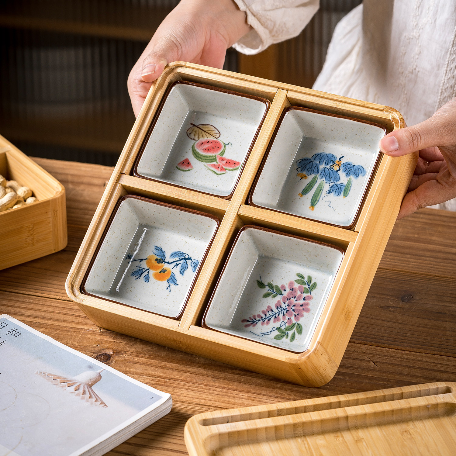 家用干果盘实竹带盖分格收纳盒