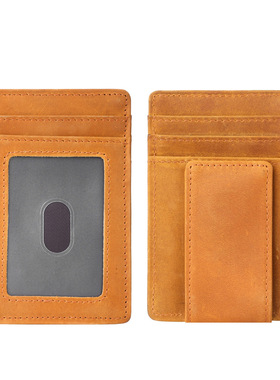 手工天然头层纯牛皮疯马皮零钱包男士复古真皮卡包现金钞票美金夹