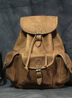 疯马皮复古男士真皮双肩包休闲背包牛皮旅行包学院韩版英伦潮女包