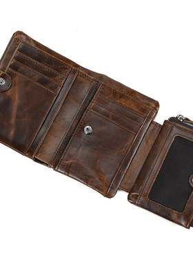 油蜡牛皮男士短款真皮复古手工头层牛皮欧美个性青年钱夹三折钱包