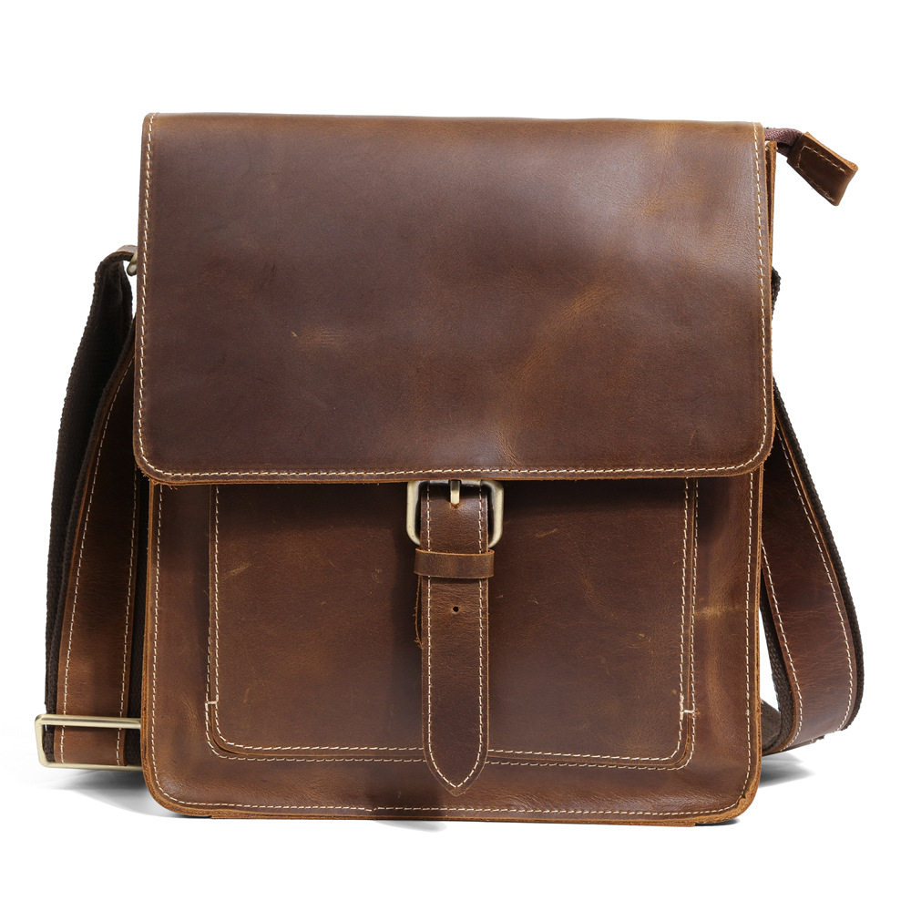 男士复古疯马皮真皮单肩斜挎包牛皮休闲手工iapd韩版竖款邮差男包