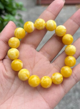 天然二代蜜蜡手串男女款鸡油黄金绞蜜瓷白飘花琥珀手链圆珠饰品42