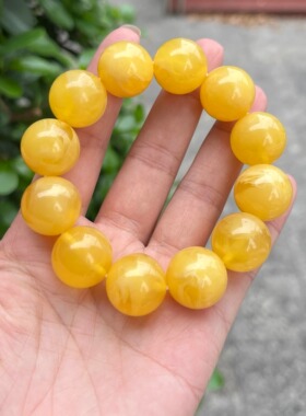 天然二代蜜蜡手串男女款鸡油黄金绞蜜瓷白飘花琥珀手链圆珠饰品32