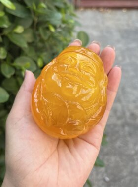 天然二代蜜蜡佛公古玩收藏仿玉石原石寿山石雕老旧田黄色天伦之乐