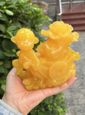 天然二代蜜蜡招财童子黄蜜蜡摆件黄色雕刻工艺品桌面装饰品生肖猴