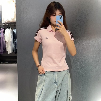 奥特莱斯撤柜清仓粉色正肩POLO领短袖女夏季修身显瘦辣妹休闲上衣