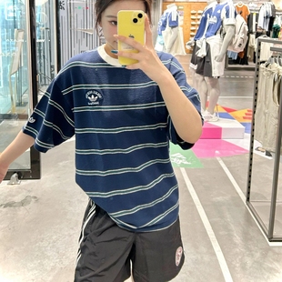 奥特莱斯撤柜度假风条纹短袖男华夫格肌理感宽松中长款T恤女
