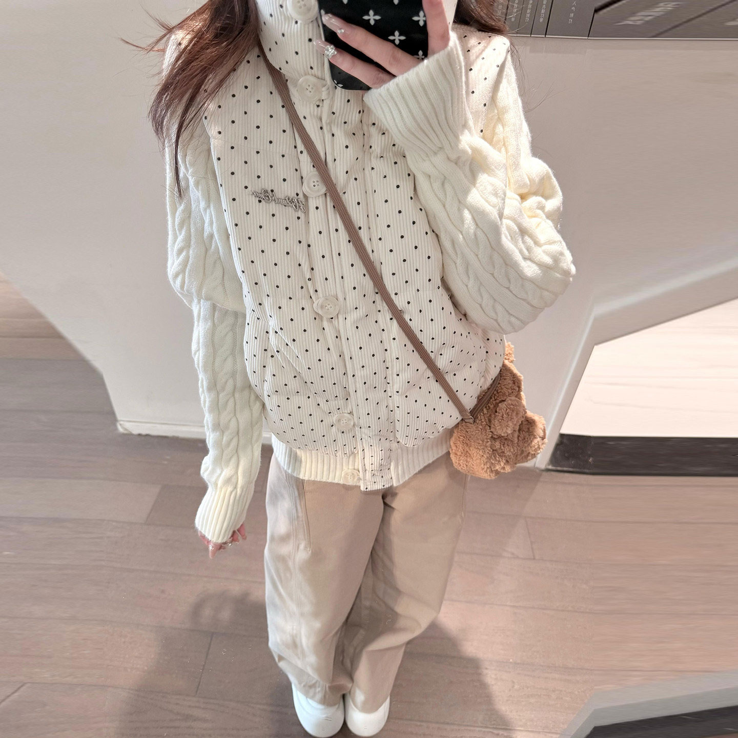 韩系甜美波点针织拼接长袖冬季棉棉衣/棉服