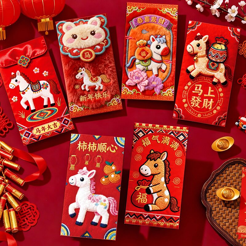 马年新款3D刺绣感压岁红包6个