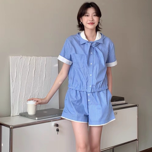 送同款 套装 条纹头巾 条纹衬衫 男孩蓝娃娃领叠穿短袖