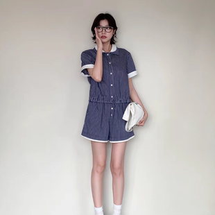 送同款 套装 条纹头巾 条纹衬衫 海军蓝娃娃领叠穿短袖