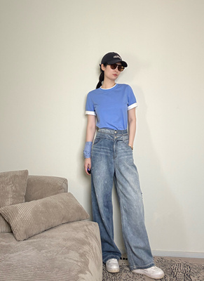 双腰头拼接撞色宽松阔腿牛仔裤