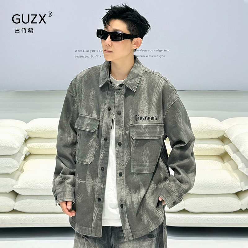 扎染字母刺绣翻领工装衬衫男外套