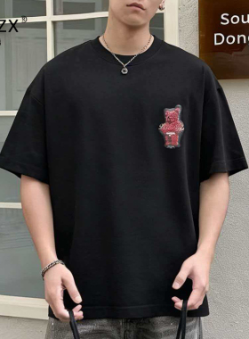 美式潮牌爱心小熊印花短袖T恤男2026夏季百搭设计感情侣半袖上衣