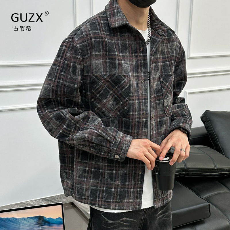 日系复古格子衬衫翻领夹克