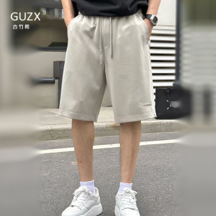 美式高街松紧腰纯色休闲短裤男士2025夏季外穿透气宽松直筒五分裤