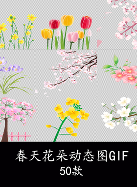 春天花丛花朵植物漂浮动态图春天花枝树干花开开花特写GIF动态图