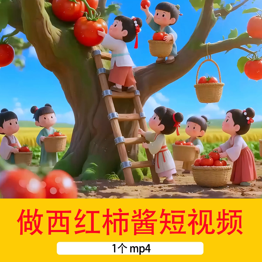一群汉服卡通3D小人在采摘运输清洗西红柿西红柿酱制作动画短视频图片