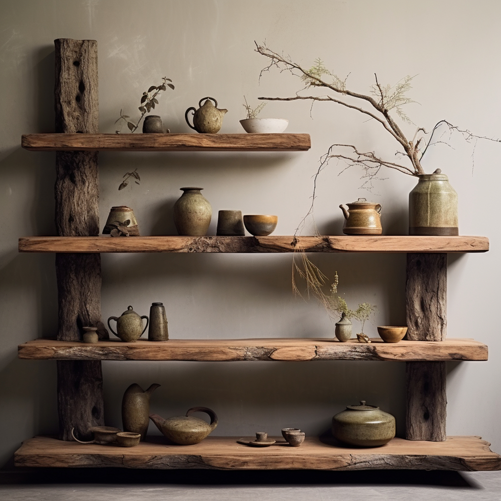 侘寂风博古架实木置物架客厅茶室书房中古收纳架展示架多层陈列架