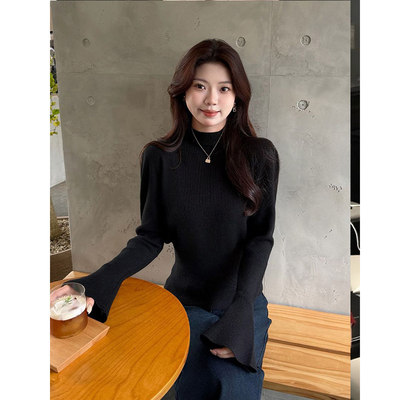 韩系气质半高领喇叭袖针